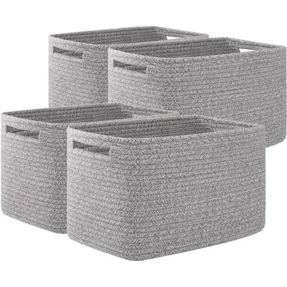 4 Pack Woven Storage Baskets Rectangle With Handles Gray 12.7''Lx9''Wx7.8''H